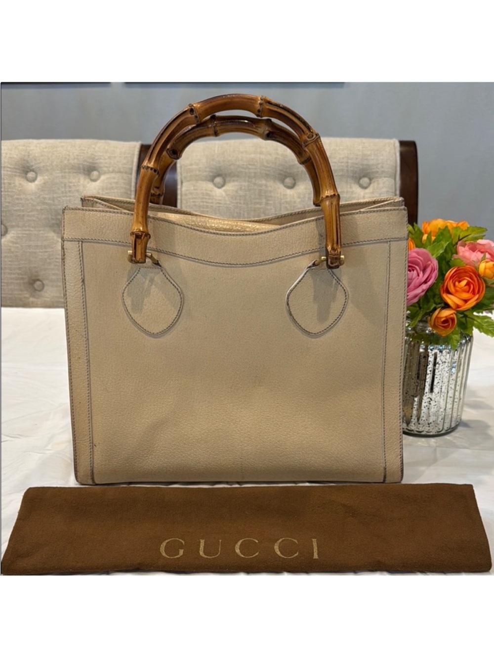 Authentic Gucci Bamboo Handle Beige Leather Tote